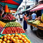 ** Vibrant Thai street market scene with exotic fruits, colorful textiles, and friendly vendors. Focus on the bustling atmosphere and the abundance of local products.

**