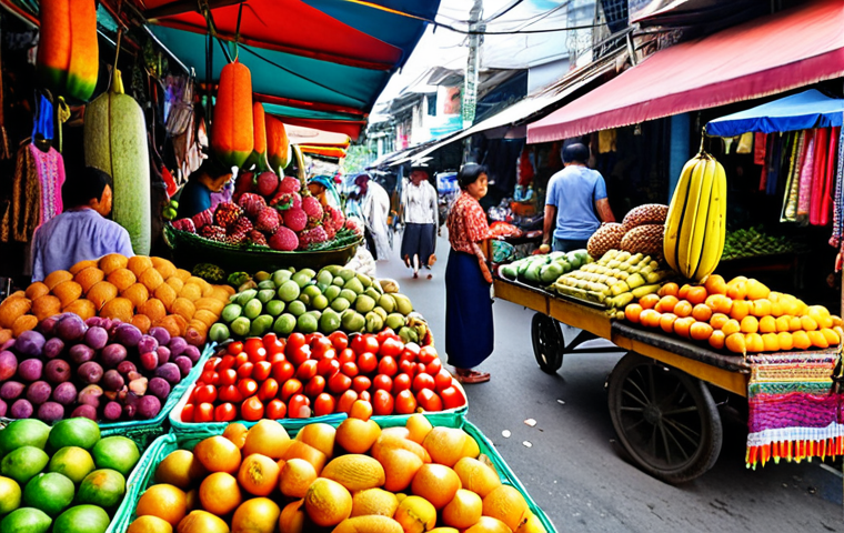** Vibrant Thai street market scene with exotic fruits, colorful textiles, and friendly vendors. Focus on the bustling atmosphere and the abundance of local products.

**