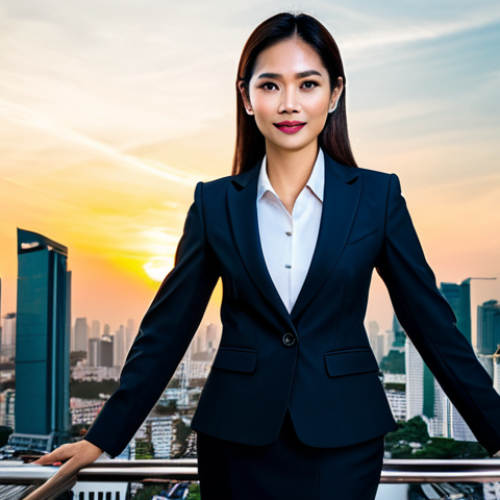 Home 11 **
A confident Thai businesswoman in a tailored business suit, standing in front of the Bangkok skyline at sunset, fully clothed, appropriate attire, safe for work, perfect anatomy, natural proportions, professional photography, high quality, family-friendly.
**