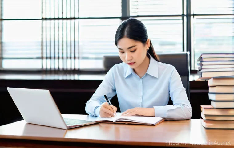 무역분야자격증필기 - **A focused Thai woman in her late 20s to early 30s, wearing professional yet comfortable attire (e....