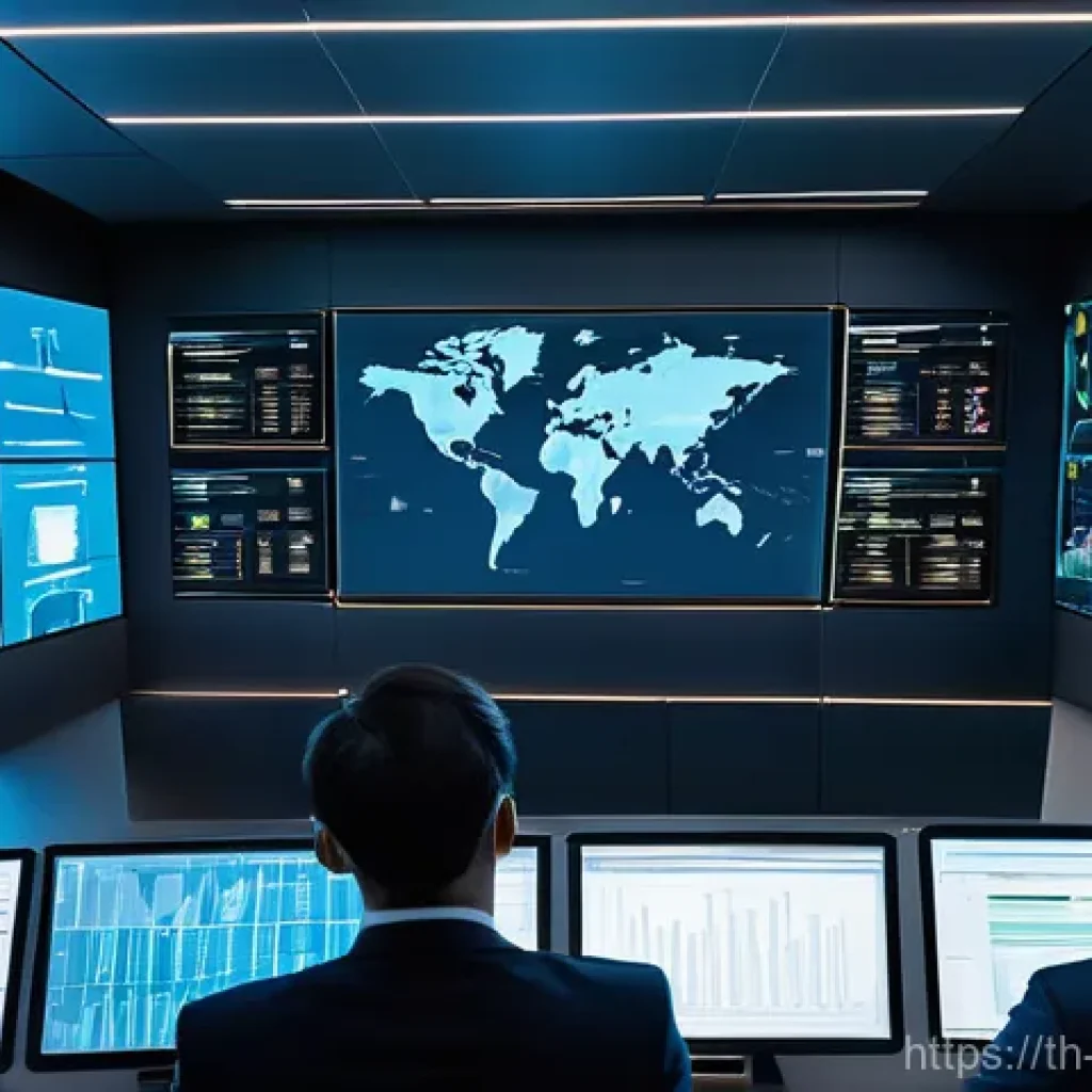 국제무역업계동향 - Digital Synergy in Global Trade**
A high-angle, wide shot of a futuristic, bright control room fille...