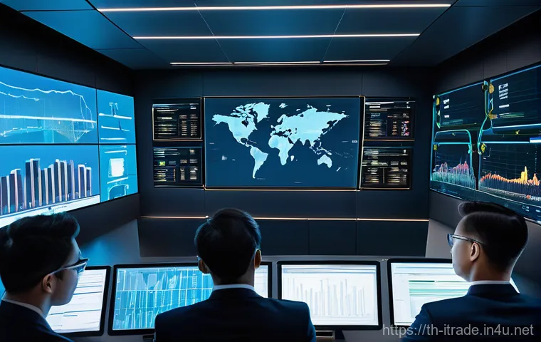 국제무역업계동향 - Digital Synergy in Global Trade**
A high-angle, wide shot of a futuristic, bright control room fille...