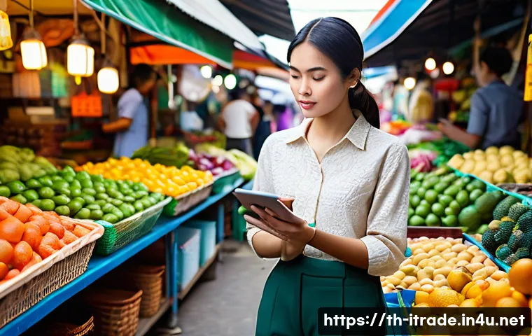무역사례분석방법 - **Prompt:** A vibrant and bustling Thai fresh market scene, similar to a local community market, fil...