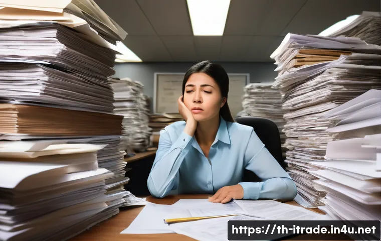 무역업무자동화 - **Prompt 1: The Burden of Traditional Trade Documentation**
    A wide-angle, realistic photographic...