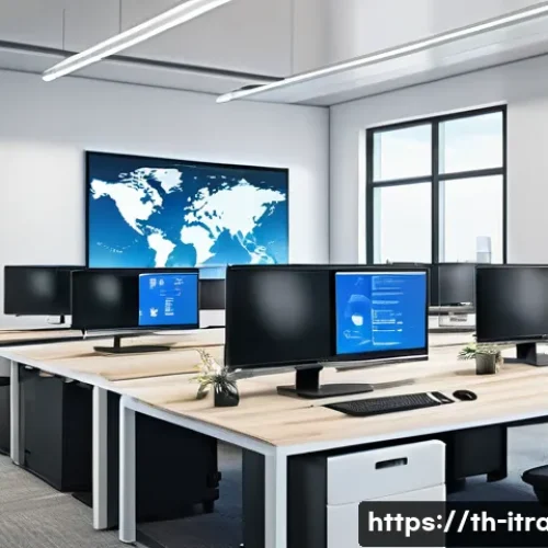 Home 33 무역사무실무 - A professional office scene showing a diverse international team collaborating on digital document m...