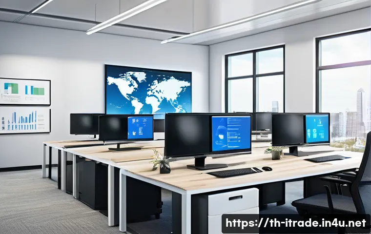 무역사무실무 - A professional office scene showing a diverse international team collaborating on digital document m...