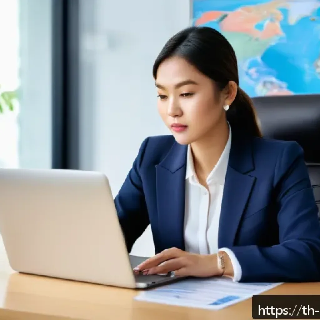 국제무역이직 - A professional Thai businesswoman in a modern office setting, dressed in smart business attire with ...