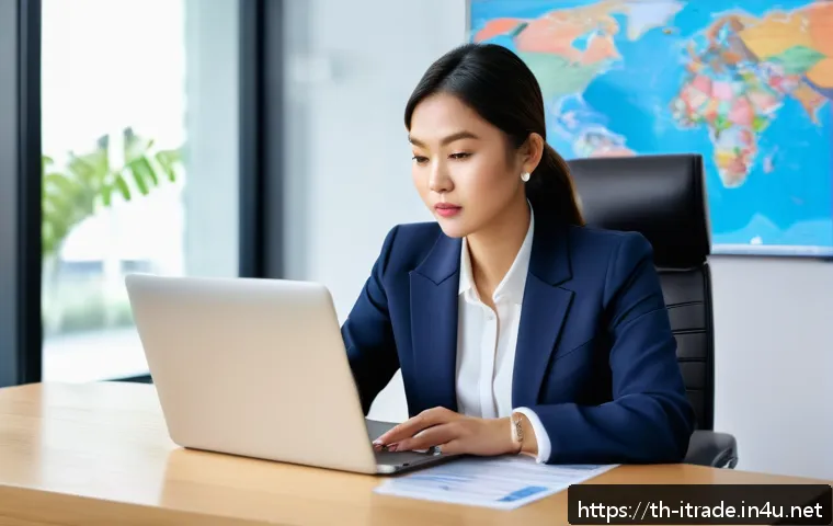 국제무역이직 - A professional Thai businesswoman in a modern office setting, dressed in smart business attire with ...