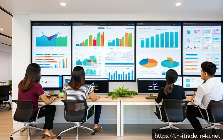 무역실무전문가 - A modern digital marketing team in a bright Bangkok office, analyzing consumer behavior data on mult...