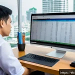 Home 18 무역경력쌓는방법 - A modern office setting in Bangkok with a Thai business professional carefully reviewing internation...
