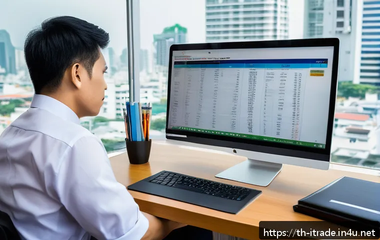 무역경력쌓는방법 - A modern office setting in Bangkok with a Thai business professional carefully reviewing internation...