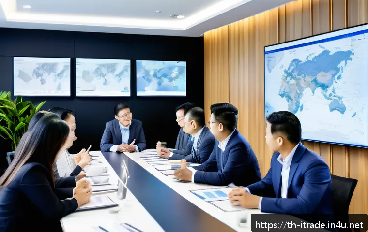 무역실무스터디 - A detailed business meeting scene set in a modern Bangkok office, featuring diverse Thai professiona...