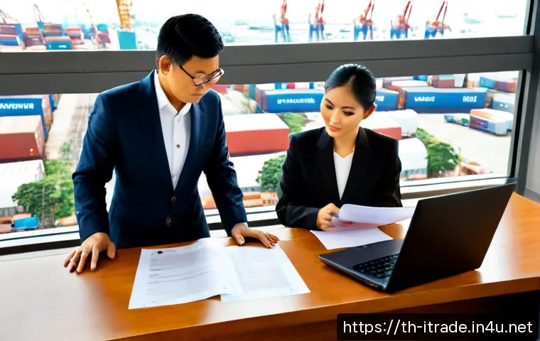 국제무역실무와이론 - Photorealistic international trade operations scene in a modern Bangkok office, Thai business profes...